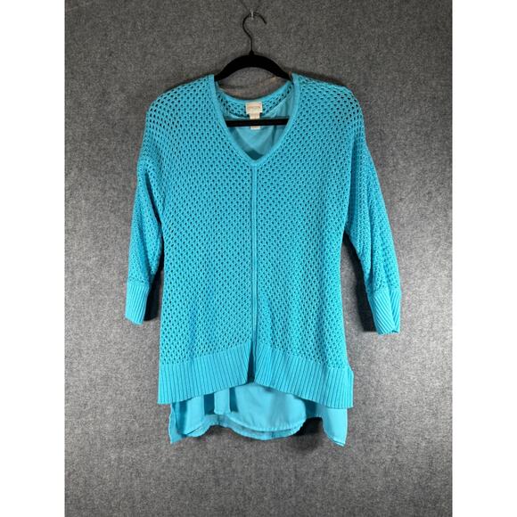 Chicos Blouse Women 1 Medium 3/4 Sleeve Blue‎ Crochet Spring Summer Mature tunic - Picture 1 of 7